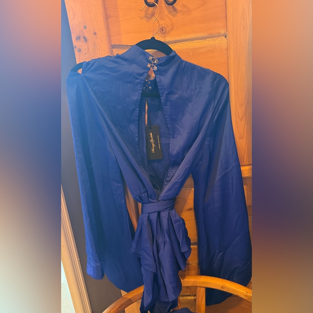Honey Birdette Royal Blue Satin Long Sleeve Robe Bodysuit - Picture 2 of 5